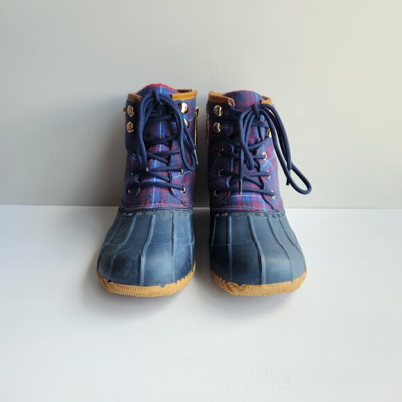Tommy Hilfiger ROAN Size 9 Navy Plaid Lace Up Duck Boot Faux Fur Lined Rain Boot - Picture 2 of 11